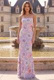 Lilac Mermaid Floral Spaghetti Straps Long Prom Dress with Sequins