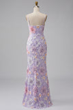 Lilac Mermaid Floral Spaghetti Straps Long Prom Dress with Sequins