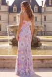 Lilac Mermaid Floral Spaghetti Straps Long Prom Dress with Sequins
