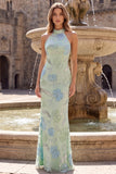 Sage Green High Neck Floral Sequins Backless Mermaid Long Prom Dress