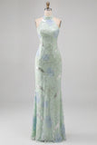 Sage Green High Neck Floral Sequins Backless Mermaid Long Prom Dress