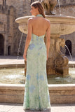 Sage Green High Neck Floral Sequins Backless Mermaid Long Prom Dress