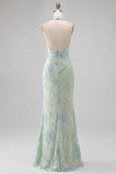Sage Green High Neck Floral Sequins Backless Mermaid Long Prom Dress