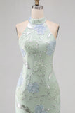 Sage Green High Neck Floral Sequins Backless Mermaid Long Prom Dress