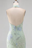 Sage Green High Neck Floral Sequins Backless Mermaid Long Prom Dress
