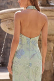 Sage Green High Neck Floral Sequins Backless Mermaid Long Prom Dress
