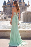 Sage Green Mermaid Strapless Sequins Floral Long Prom Dress with Embroidery