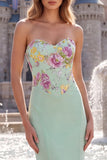 Sage Green Mermaid Strapless Sequins Floral Long Prom Dress with Embroidery