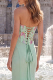 Sage Green Mermaid Strapless Sequins Floral Long Prom Dress with Embroidery