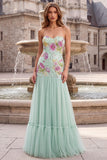 Sage Green Mermaid Tulle Strapless Floral Long Prom Dress with Sequins
