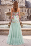 Sage Green Mermaid Tulle Strapless Floral Long Prom Dress with Sequins