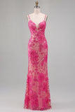 Fuchsia Floral Embroidery Mermaid Spaghetti Straps Long Prom Dress with Beading