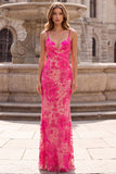 Fuchsia Floral Embroidery Mermaid Spaghetti Straps Long Prom Dress with Beading