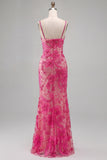 Fuchsia Floral Embroidery Mermaid Spaghetti Straps Long Prom Dress with Beading
