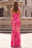 Fuchsia Floral Embroidery Mermaid Spaghetti Straps Long Prom Dress with Beading