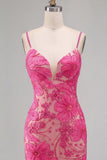 Fuchsia Floral Embroidery Mermaid Spaghetti Straps Long Prom Dress with Beading