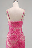 Fuchsia Floral Embroidery Mermaid Spaghetti Straps Long Prom Dress with Beading