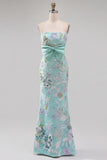 Mint Green Mermaid Strapless Floral Embroidery Long Prom Dress with Satin Bow