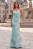 Mint Green Mermaid Strapless Floral Embroidery Long Prom Dress with Satin Bow