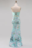 Mint Green Mermaid Strapless Floral Embroidery Long Prom Dress with Satin Bow