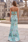 Mint Green Mermaid Strapless Floral Embroidery Long Prom Dress with Satin Bow