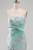 Mint Green Mermaid Strapless Floral Embroidery Long Prom Dress with Satin Bow