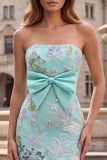 Mint Green Mermaid Strapless Floral Embroidery Long Prom Dress with Satin Bow