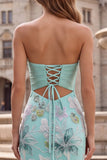 Mint Green Mermaid Strapless Floral Embroidery Long Prom Dress with Satin Bow