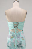 Mint Green Mermaid Strapless Floral Embroidery Long Prom Dress with Satin Bow
