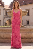 Fuchsia Mermaid Beaded Spaghetti Straps Long Prom Dress with Sequins