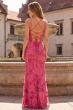 Fuchsia Mermaid Beaded Spaghetti Straps Long Prom Dress with Sequins