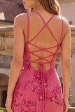 Fuchsia Mermaid Beaded Spaghetti Straps Long Prom Dress with Sequins