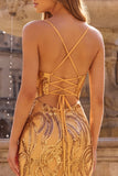 Sparkly Mermaid Spaghetti Straps Sequins Long Gold Prom Dress