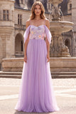 Lilac Cold Shoulder A-Line Floral Embroidery Tulle Long Prom Dress