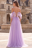 Lilac Cold Shoulder A-Line Floral Embroidery Tulle Long Prom Dress