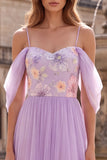 Lilac Cold Shoulder A-Line Floral Embroidery Tulle Long Prom Dress