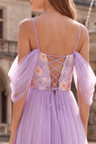 Lilac Cold Shoulder A-Line Floral Embroidery Tulle Long Prom Dress