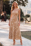 One Shoulder Champagne A-Line Velvet Long Wedding Guest Dress