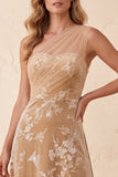One Shoulder Champagne A-Line Velvet Long Wedding Guest Dress