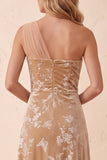 One Shoulder Champagne A-Line Velvet Long Wedding Guest Dress