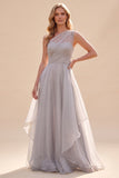 Grey One Shoulder A-Line Organza Long Mother Of The Bride Dress