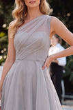 Grey One Shoulder A-Line Organza Long Mother Of The Bride Dress