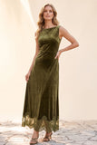 Olive Velvet A-Line Bateau Long Wedding Guest Dress with Lace