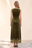 Olive Velvet A-Line Bateau Long Wedding Guest Dress with Lace