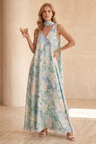 Floral Light Blue V-Neck A-Line Long Wedding Guest Dress with Neck Scarf