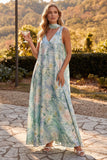Floral Light Blue V-Neck A-Line Long Wedding Guest Dress with Neck Scarf