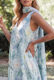 Floral Light Blue V-Neck A-Line Long Wedding Guest Dress with Neck Scarf