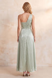 Light Green One Shoulder Velvet A-Line Long Wedding Guest Dress