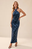 Navy Sheath Halter Velvet Long Wedding Guest Dress