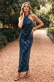 Navy Sheath Halter Velvet Long Wedding Guest Dress